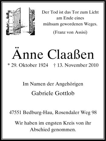 Traueranzeige von Änne Claaßen von Tageszeitung