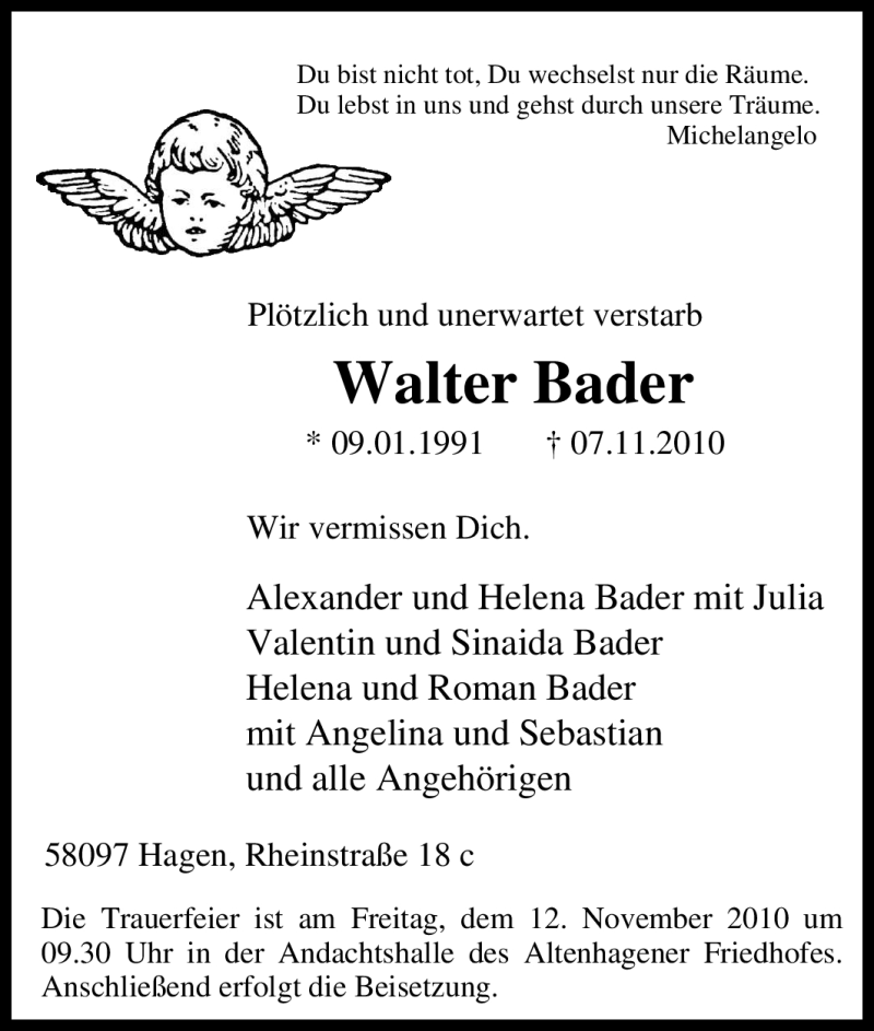  Traueranzeige für Walter Bader vom 09.11.2010 aus Tageszeitung