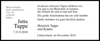 Traueranzeige von Jutta Tappe von Tageszeitung