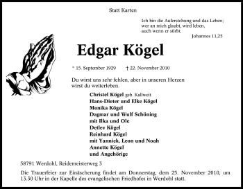 Traueranzeige von Edgar Kögel von Tageszeitung