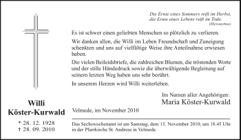Traueranzeige von Willi Köster-Kurwald von Tageszeitung