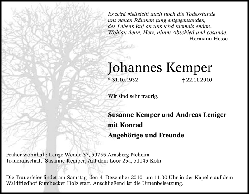  Traueranzeige für Johannes Kemper vom 27.11.2010 aus Tageszeitung