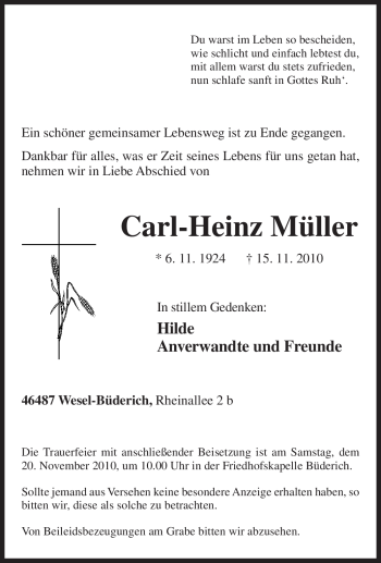 Traueranzeige von Carl-Heinz Müller von Tageszeitung