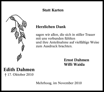 Traueranzeige von Edith Dahmen von Tageszeitung
