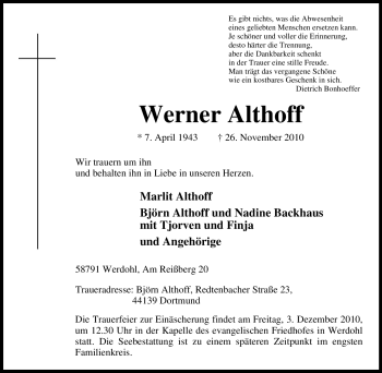 Traueranzeige von Werner Althoff von Tageszeitung