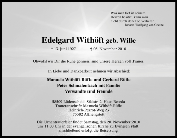 Traueranzeige von Edelgard Withöft von Tageszeitung