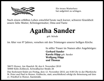 Traueranzeige von Agatha Sander von Tageszeitung