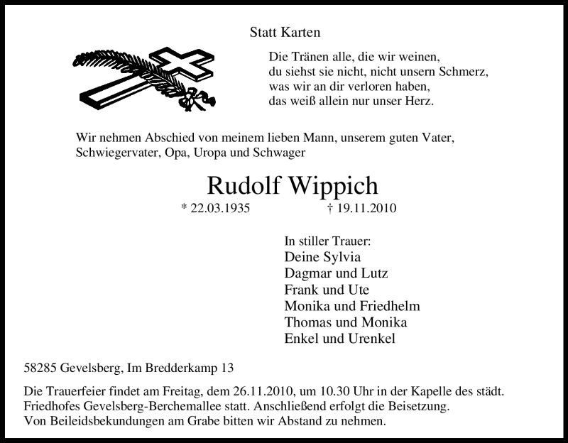 Traueranzeigen von Rudolf Wippich TrauerinNRW.de