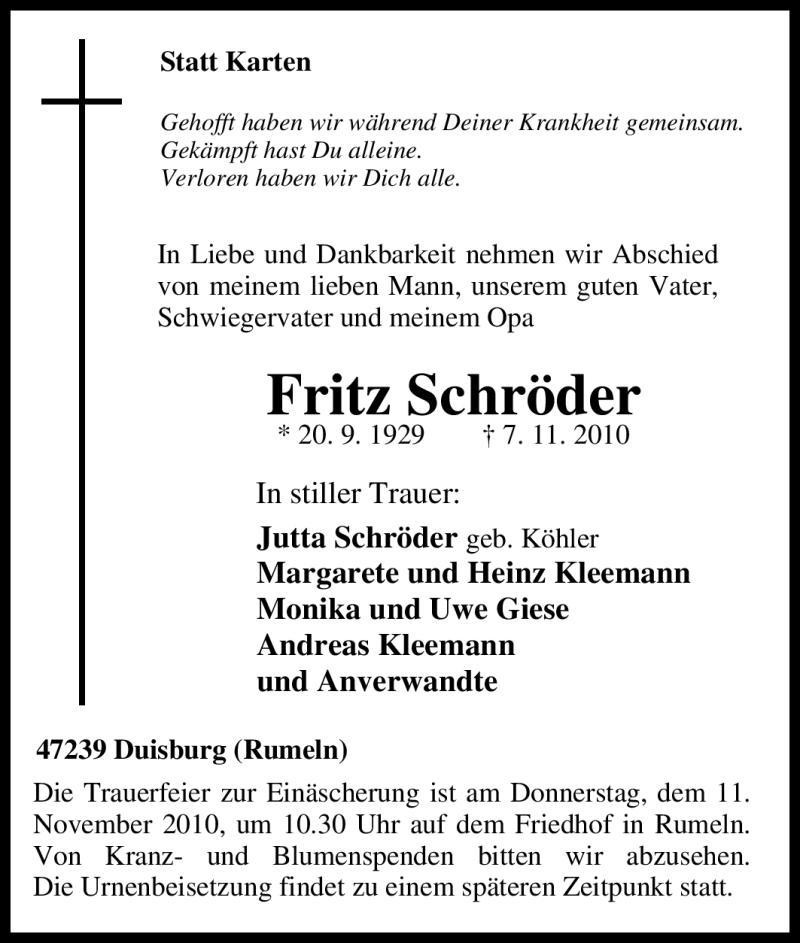 Traueranzeigen von Fritz Schröder TrauerinNRW.de