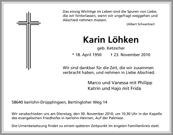 Traueranzeige von Karin Löhken von Tageszeitung