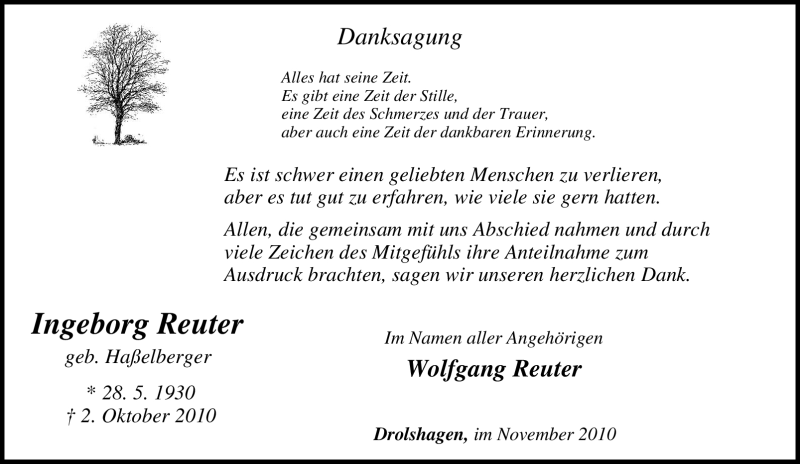  Traueranzeige für Ingeborg Reuter vom 10.11.2010 aus Tageszeitung