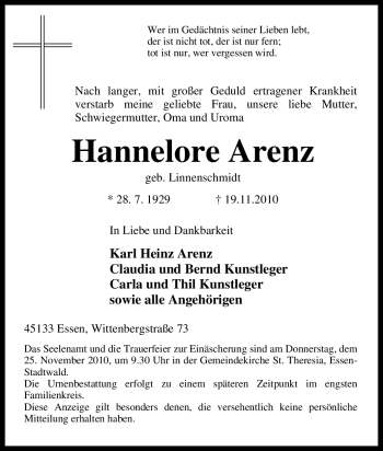 Traueranzeige von Hannelore Arenz von Tageszeitung