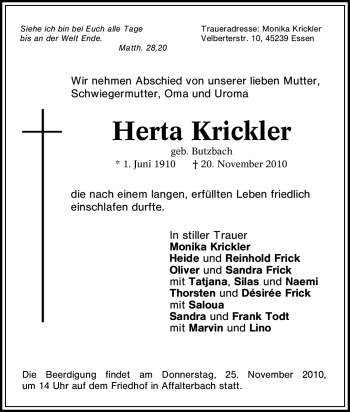 Traueranzeige von Herta Krickler von Tageszeitung