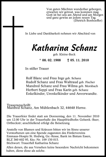 Traueranzeige von Katharina Schanz von Tageszeitung