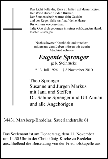 Traueranzeige von Eugenie Sprenger von Tageszeitung