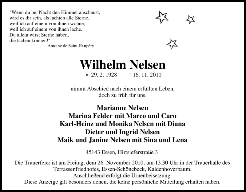  Traueranzeige für Wilhelm Nelsen vom 20.11.2010 aus Tageszeitung