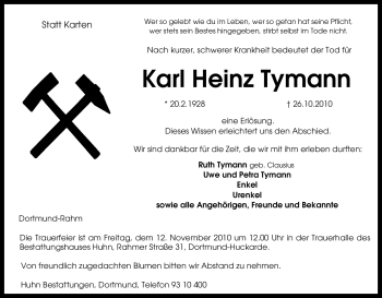 Traueranzeige von Karl Heinz Tymann von Tageszeitung