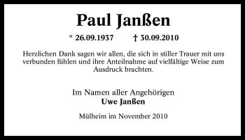 Traueranzeige von Paul Janßen von Tageszeitung