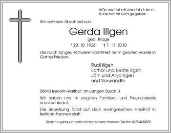 Traueranzeige von Gerda Illgen von Tageszeitung