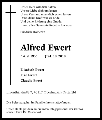 Traueranzeige von Alfred Ewert von Tageszeitung