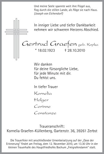 Traueranzeige von Gertrud Graefen von Tageszeitung