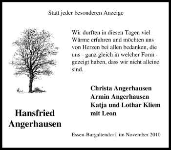 Traueranzeige von Hansfried Angerhausen von Tageszeitung