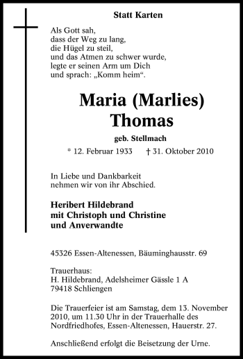 Traueranzeige von Maria Thomas von Tageszeitung