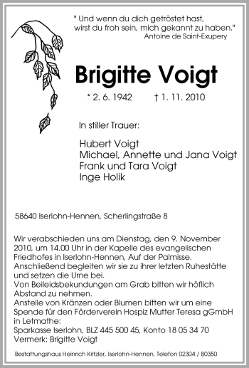 Traueranzeige von Brigitte Voigt von Tageszeitung