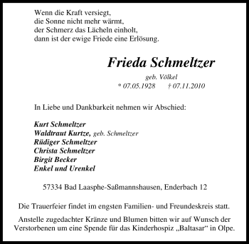 Traueranzeige von Frieda Schmeltzer von Tageszeitung