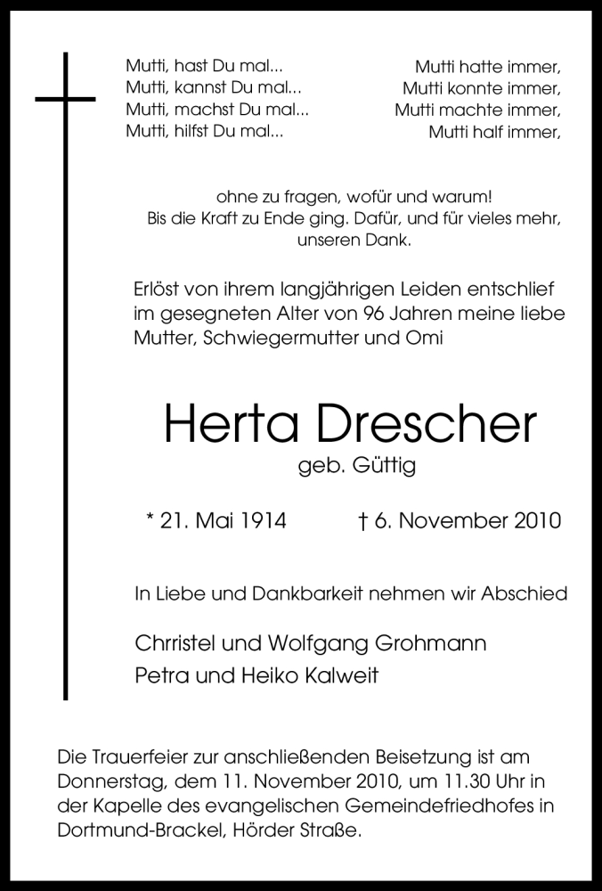  Traueranzeige für Herta Drescher vom 09.11.2010 aus Tageszeitung