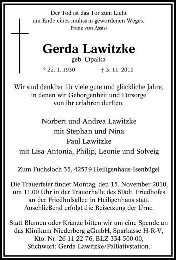 Traueranzeige von Gerda Lawitzke von Tageszeitung