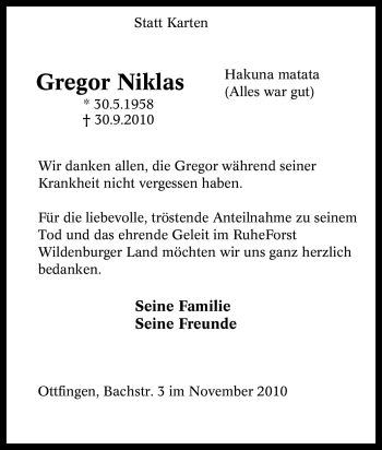 Traueranzeige von Gregor Niklas von Tageszeitung