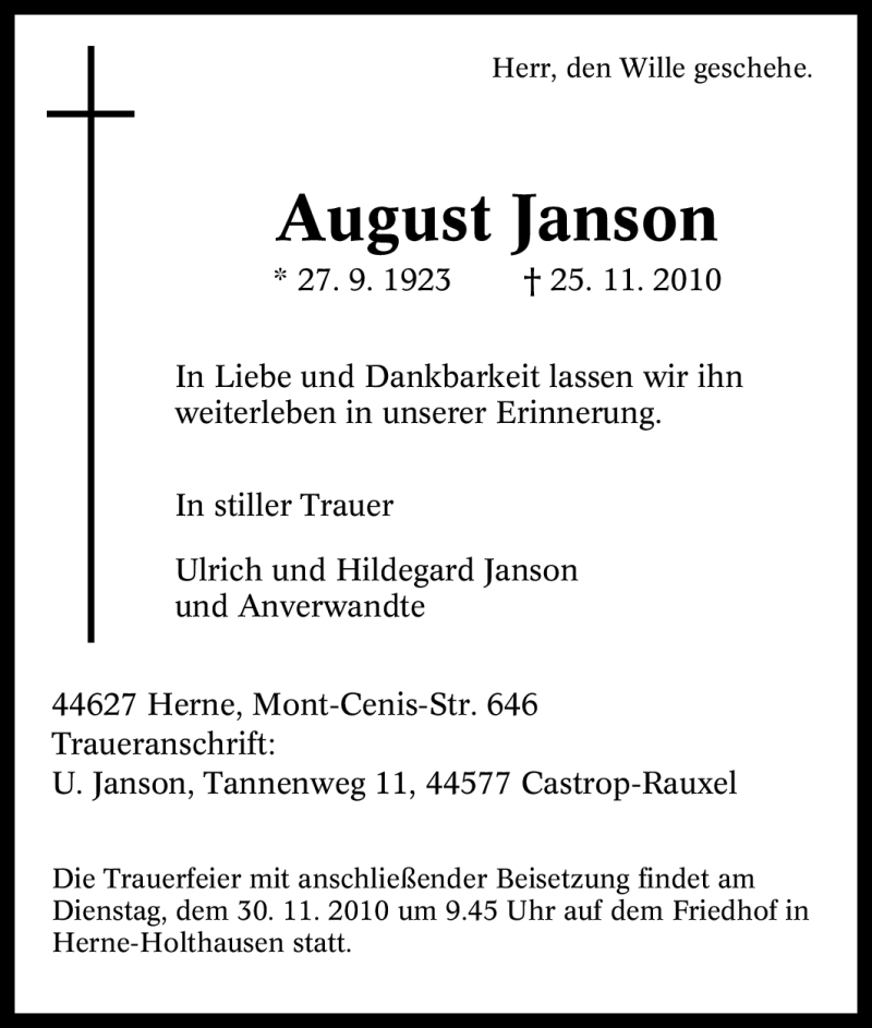  Traueranzeige für August Janson vom 26.11.2010 aus WESTDEUTSCHE ALLGEMEINE ZEITUNG