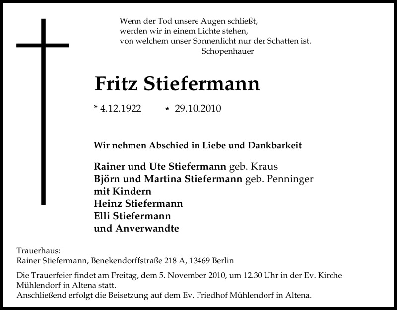  Traueranzeige für Fritz Stiefermann vom 02.11.2010 aus Tageszeitung