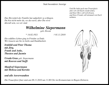 Traueranzeige von Wilhelmine Siepermann von Tageszeitung
