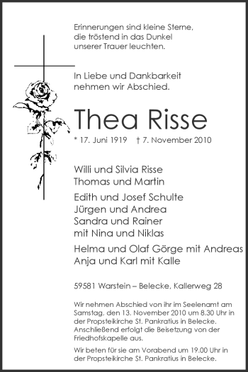 Traueranzeige von Thea Risse von Tageszeitung