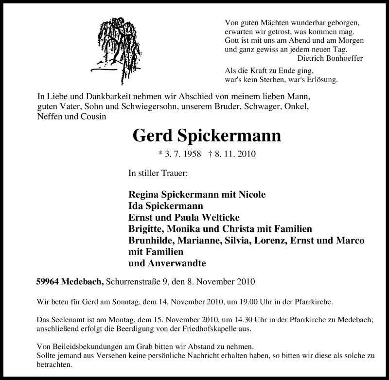  Traueranzeige für Gerd Spickermann vom 10.11.2010 aus Tageszeitung
