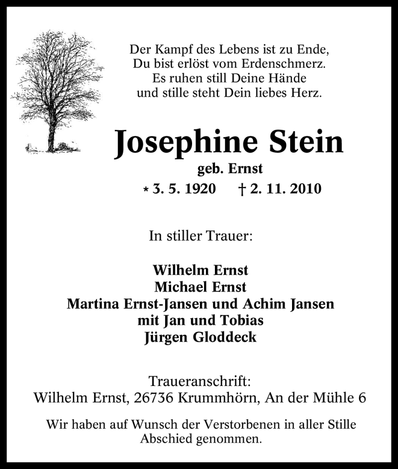 Traueranzeigen von Josephine Stein | Trauer-in-NRW.de