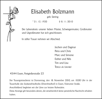 Traueranzeige von Elisabeth Bolzmann von Tageszeitung