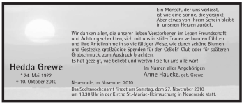 Traueranzeige von Hedda Grewe von Tageszeitung