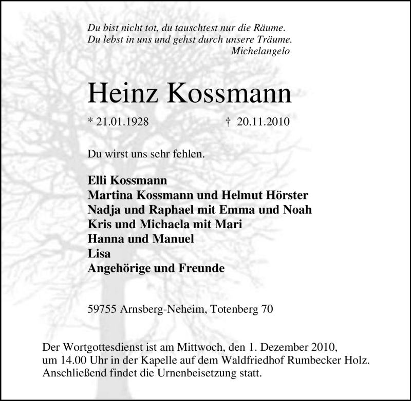  Traueranzeige für Heinz Kossmann vom 24.11.2010 aus Tageszeitung