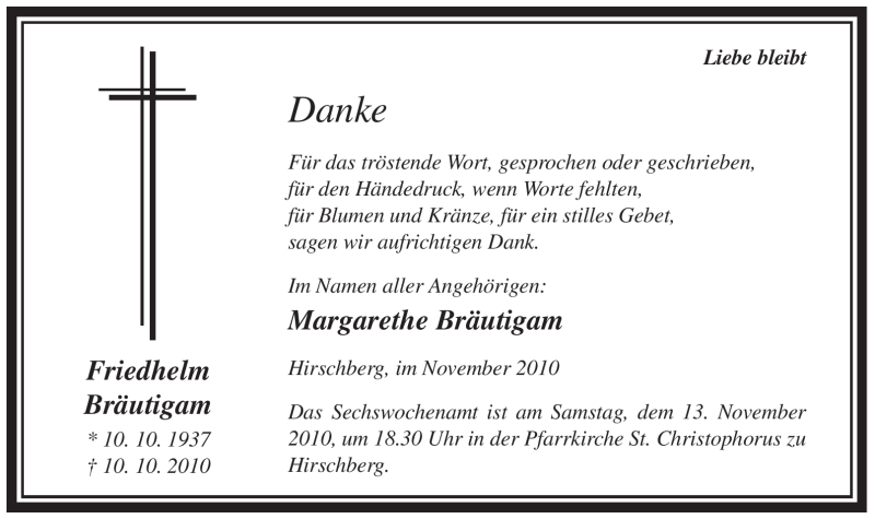  Traueranzeige für Friedhelm Bräutigam vom 06.11.2010 aus Tageszeitung