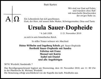 Traueranzeige von Ursula Sauer-Dopheide von Tageszeitung