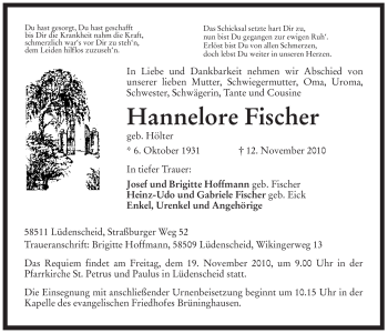 Traueranzeige von Hannelore Fischer von Tageszeitung