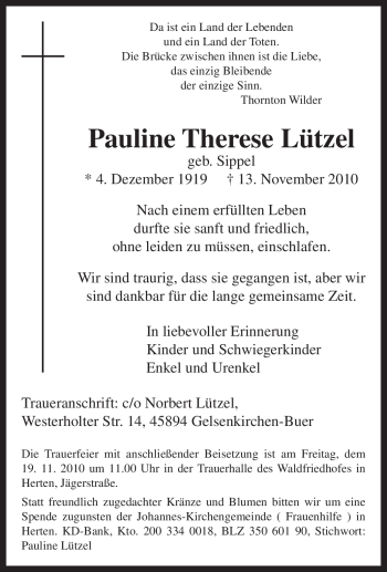 Traueranzeige von Pauline Therese Lützel von Tageszeitung