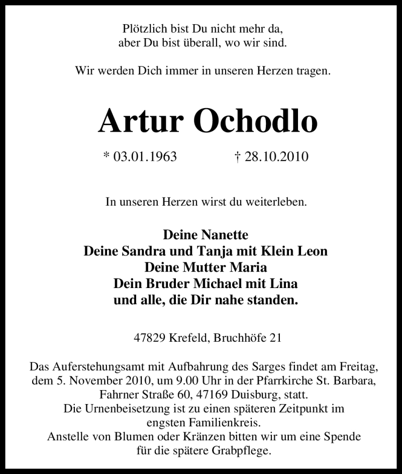  Traueranzeige für Artur Ochodlo vom 02.11.2010 aus Tageszeitung