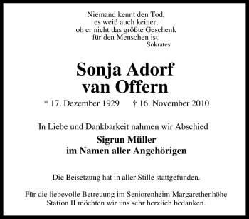 Traueranzeige von Sonja Adorf van Offern von Tageszeitung
