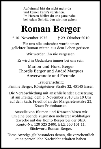 Traueranzeige von Roman Berger von Tageszeitung