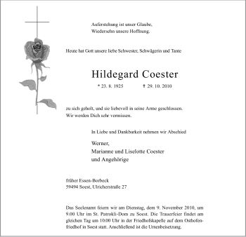 Traueranzeige von Hildegard Coester von Tageszeitung