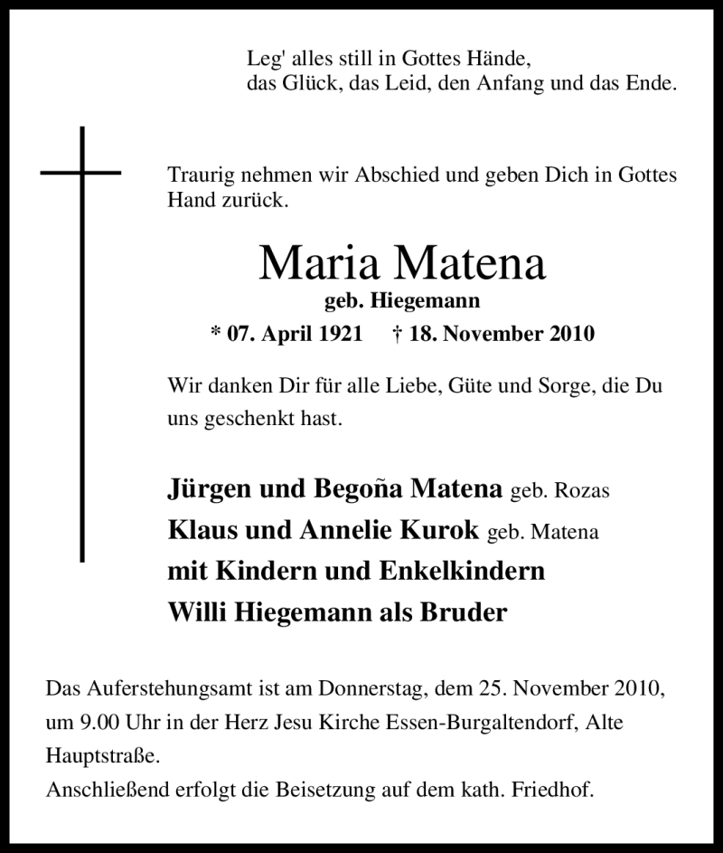  Traueranzeige für Maria Matena vom 20.11.2010 aus Tageszeitung